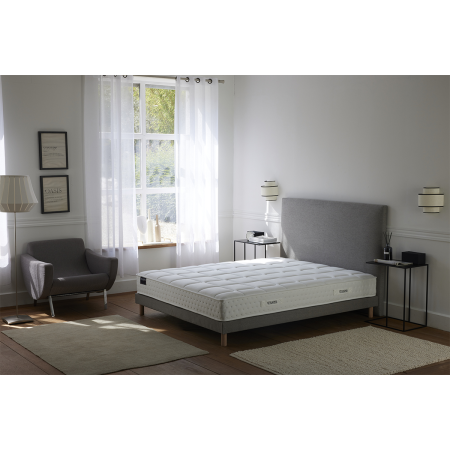 Ensemble matelas HOTEL CONFORT, sommier lattes fixes, tête de lit lisse gris
