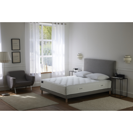 Ensemble matelas HOTEL CONFORT HYBRIDE, sommier lattes fixes, tête de lit lisse gris