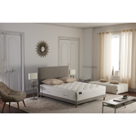 Ensemble matelas HOTEL CONFORT PRESTIGE, sommier lattes fixes, tête de lit lisse gris