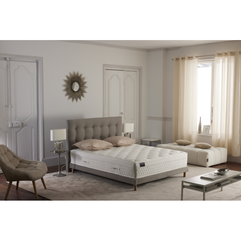 Ensemble hôtelier Prestige gris : matelas hybride + tête capitonnée