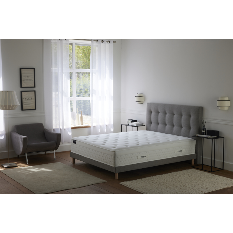 Ensemble hôtelier Prestige gris : matelas hybride + tête capitonnée