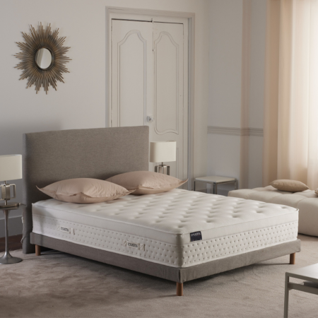 Ensemble matelas HOTEL CONFORT PRESTIGE, sommier lattes fixes, tête de lit lisse gris