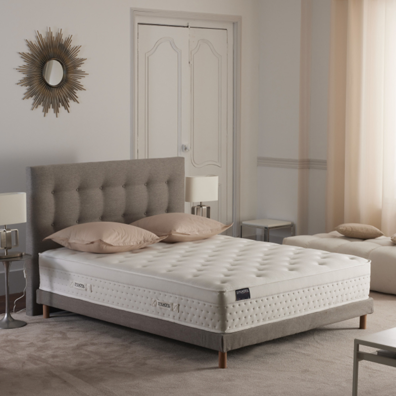 Ensemble hôtelier Prestige gris : matelas hybride + tête capitonnée