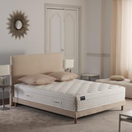 Ensemble matelas HOTEL CONFORT PRESTIGE, sommier lattes fixes, tête de lit lisse beige