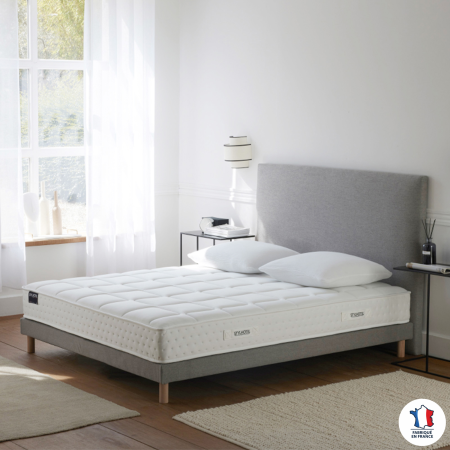 Ensemble matelas HOTEL CONFORT, sommier lattes flexibles et tête de lit lisse gris
