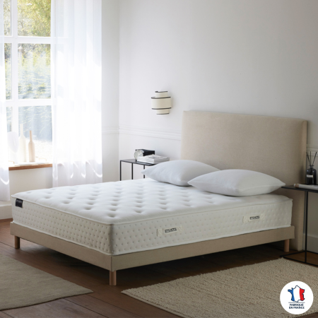 Ensemble matelas HOTEL CONFORT HYBRIDE, sommier lattes fixes, tête de lit lisse beige