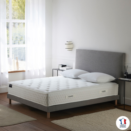 Ensemble matelas HOTEL CONFORT HYBRIDE, sommier lattes fixes, tête de lit lisse gris