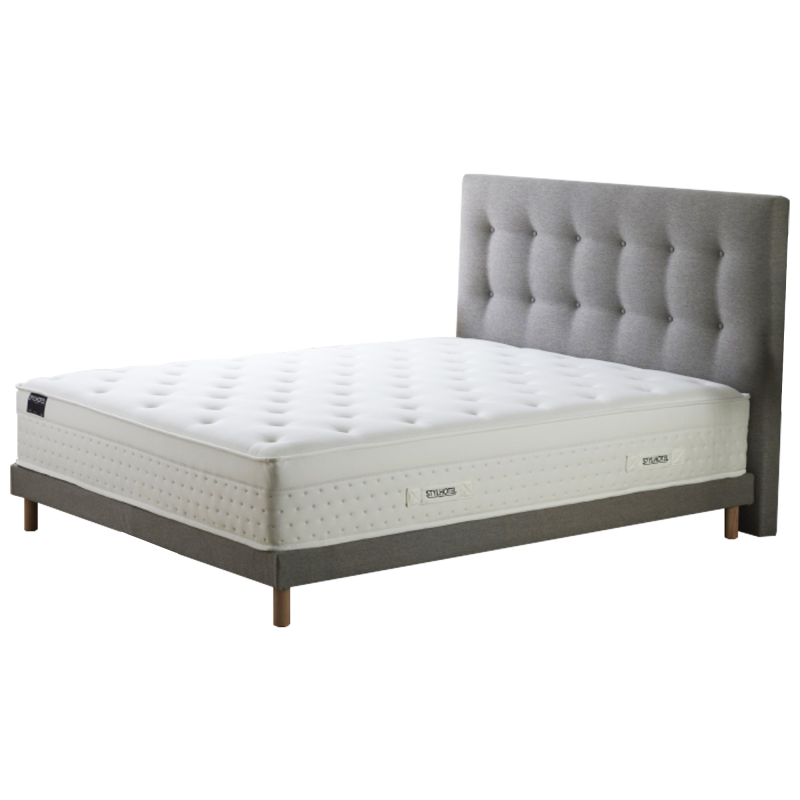 Ensemble hôtelier Prestige gris : matelas hybride + tête capitonnée