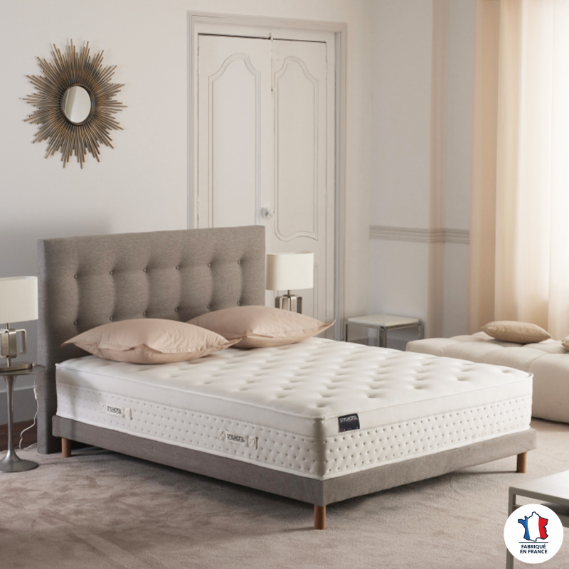 Ensemble hôtelier Prestige gris : matelas hybride + tête capitonnée