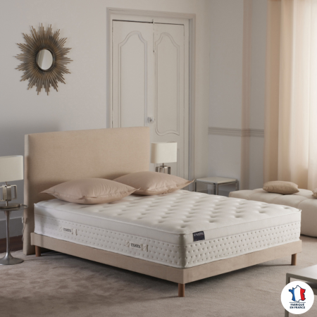 Ensemble matelas HOTEL CONFORT PRESTIGE, sommier lattes fixes, tête de lit lisse beige