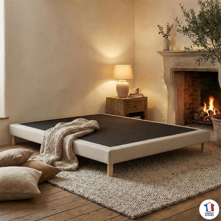 Sommier tapissier beige, lattes fixes, bois massif