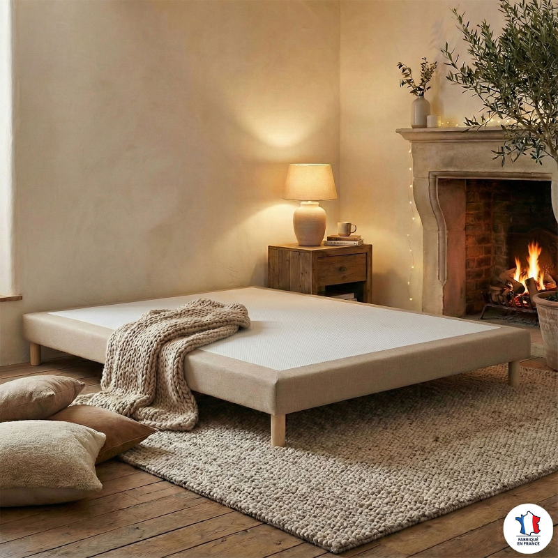 Sommier tapissier beige à lattes flexibles | Confort ferme & tissu antidérapant