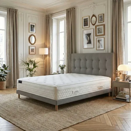 Ensemble matelas HOTEL CONFORT PRESTIGE, sommier lattes fixes, tête de lit capitonnée gris