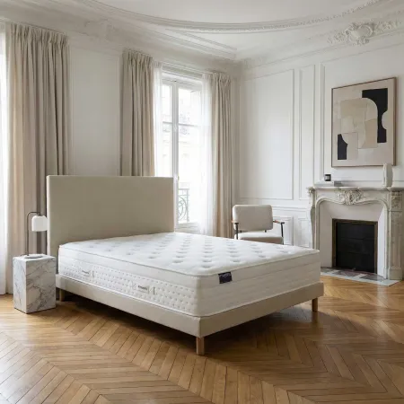 Ensemble matelas HOTEL CONFORT PRESTIGE, sommier lattes fixes, tête de lit lisse beige
