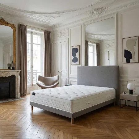 Ensemble matelas HOTEL CONFORT PRESTIGE, sommier lattes fixes, tête de lit lisse gris