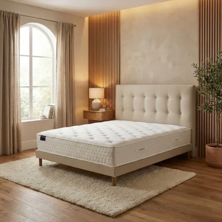 Ensemble matelas HOTEL CONFORT HYBRIDE, sommier lattes fixes, tête de lit capitonnée beige