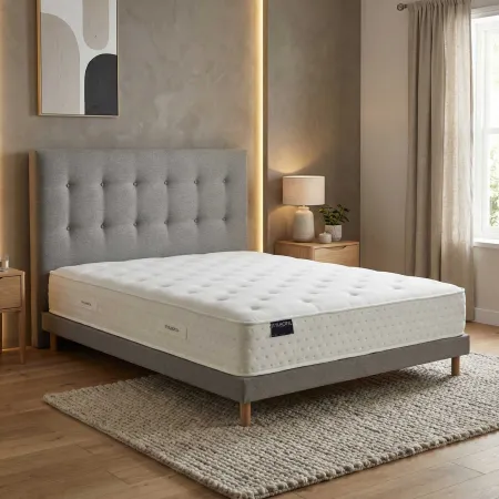 Ensemble matelas HOTEL CONFORT HYBRIDE, sommier lattes fixes, tête de lit capitonnée gris