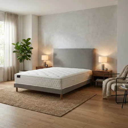 Ensemble matelas HOTEL CONFORT HYBRIDE, sommier lattes fixes, tête de lit lisse gris