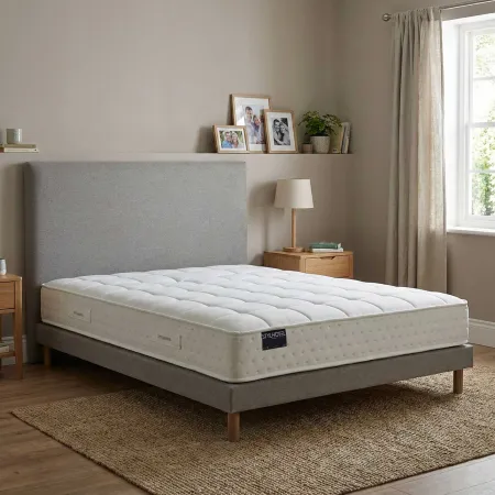Ensemble matelas HOTEL CONFORT, sommier lattes fixes, tête de lit lisse gris