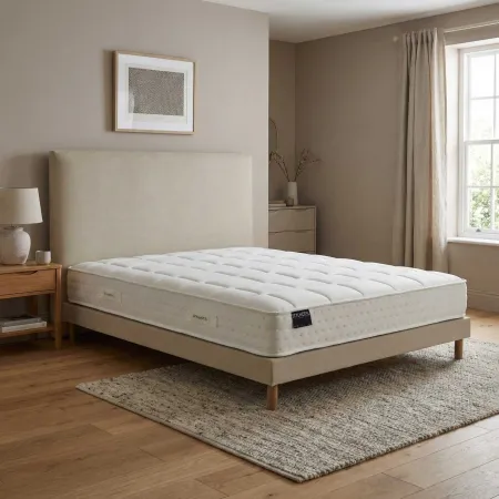 Ensemble matelas HOTEL CONFORT, sommier lattes fixes, tête de lit lisse beige