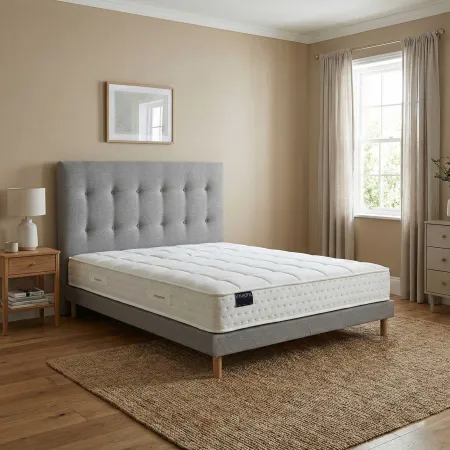 Ensemble matelas HOTEL CONFORT, sommier lattes fixes, tête de lit capitonnée grise