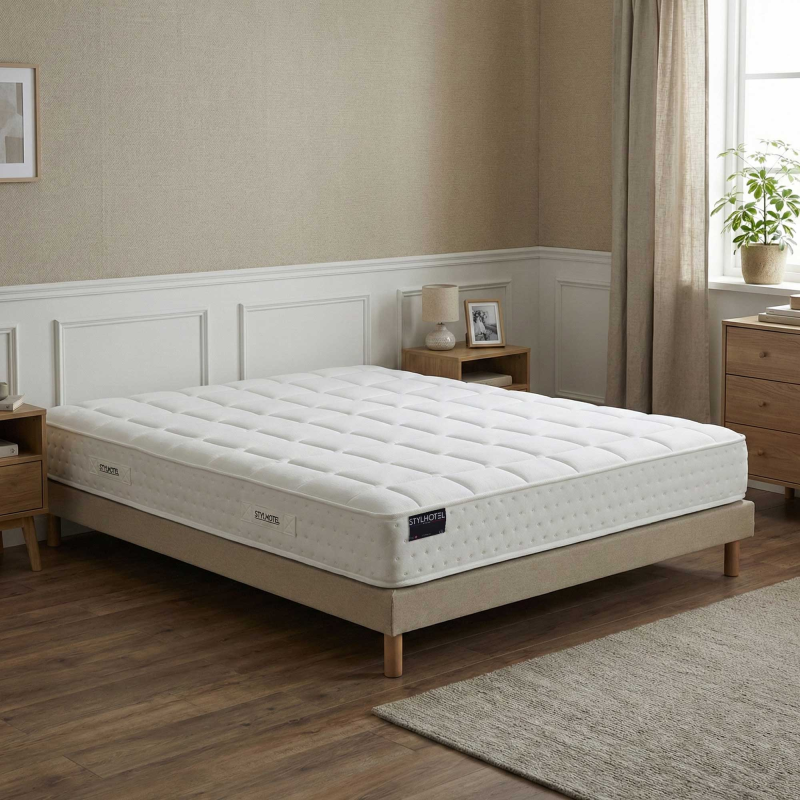 Ensemble matelas HOTEL CONFORT et sommier beige à lattes fixes
