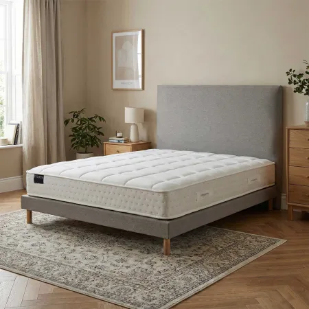 Ensemble matelas HOTEL CONFORT, sommier lattes flexibles et tête de lit lisse gris