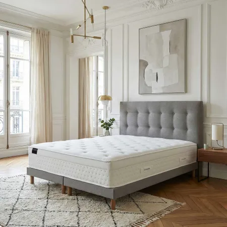 Ensemble matelas HOTEL CONFORT PRESTIGE, sommier lattes fixes, tête de lit capitonnée gris