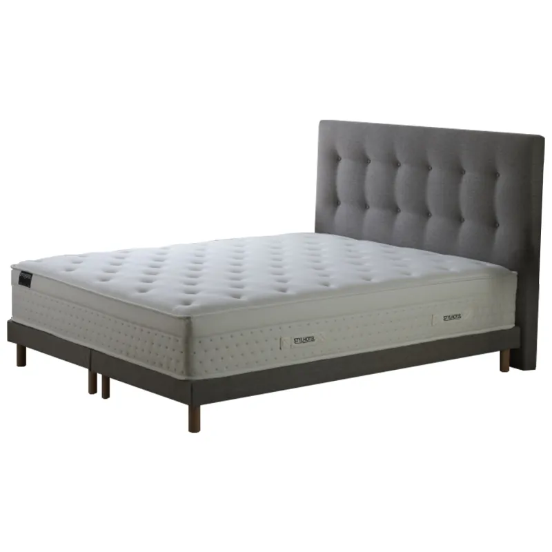 Ensemble hôtelier Prestige gris : matelas hybride + tête capitonnée