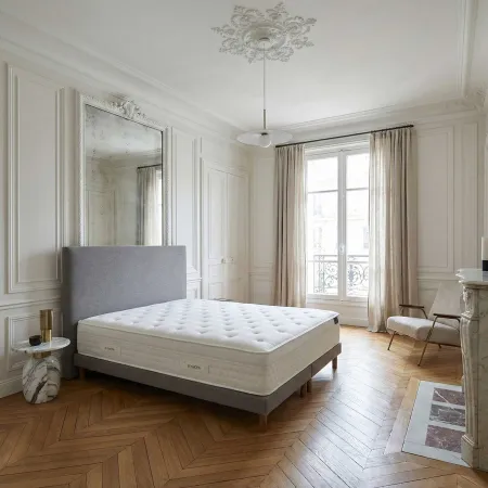 Ensemble matelas HOTEL CONFORT PRESTIGE, sommier lattes fixes, tête de lit lisse gris