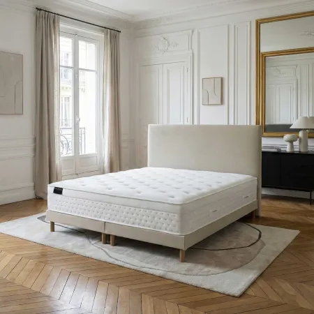 Ensemble matelas HOTEL CONFORT PRESTIGE, sommier lattes fixes, tête de lit lisse beige